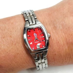 Fossil 3 Watch St Louis Cardinals Logo Silver Steel Wristband Red Face W…